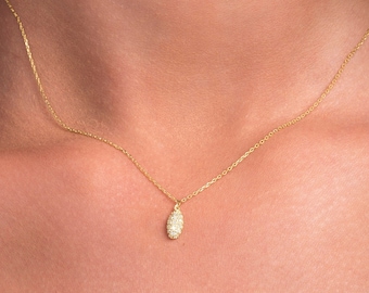 Diamond Teardrop Necklace, 14k Gold Pave Diamond Necklace, Minimalist Teardrop Diamond Necklace, Gift for Her , 14k Gold Jewelry