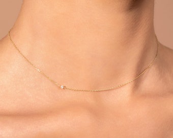 Mini Diamond Necklace/ Tiny Diamond Solitaire Necklace  / 14K Gold Diamond Dainty Necklace / Gold Solitaire Necklace / 14k Gold Jewelry