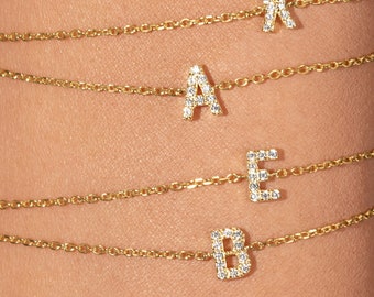 Bracelet initial avec diamants en or massif 14 carats - Bracelet lettre personnalisé - Bracelet initial personnalisé - Cadeau d'anniversaire - Cadeau personnalisé
