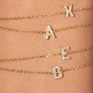 Bracelet initial avec diamants en or massif 14 carats - Bracelet lettre personnalisé - Bracelet initial personnalisé - Cadeau d'anniversaire - Cadeau personnalisé
