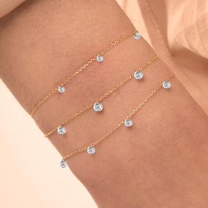 14K Solid Gold Diamond Bracelet / Hanging Diamond Bracelet / Handmade Stackable Diamond Bracelet / 14K Real Gold Minimalist Dainty Bracelet