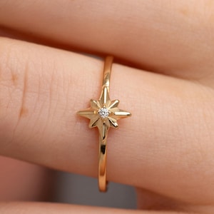 Starburst Diamond Ring - Dainty 14k Solid Gold Minimalist Ring, Celestial Jewelry, Stackable Diamond Ring, Gift for Her