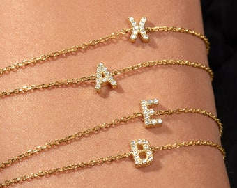 14K gouden eerste armband/massief gouden armband met diamanten/eerste armband/naam armband/brief armband/cadeau voor haar
