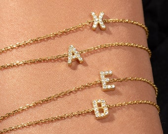 Pulsera inicial de oro de 14K / Pulsera de oro macizo con diamantes / Pulsera inicial / Pulsera de nombre / Pulsera de letras / Regalo para ella