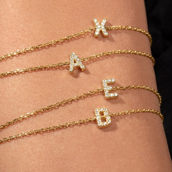 14K Gold Initial Bracelet / Solid Gold Bracelet with Diamonds / Initial Bracelet / Name Bracelet / Letter Bracelet / Gift for Her