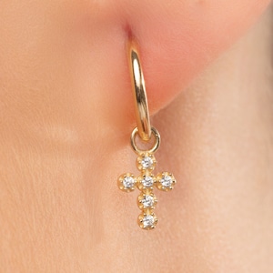 14k Solid Gold Hoops, Solid Gold Mini Huggies, Diamond Cross Earrings, Non-Hollow Gold Huggie Earrings, Holiday Gift, Charm Diamond Earring
