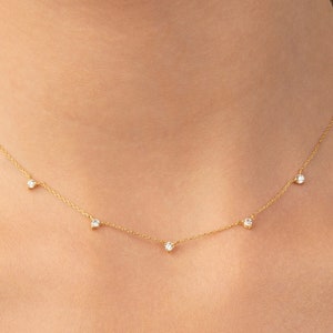 14k Gold Diamond Station Necklace \ 5 Stone Prong Set Diamond by the Yard Necklace \ Dainty Solid Gold Necklace \ 14k Solid Diamond Necklace