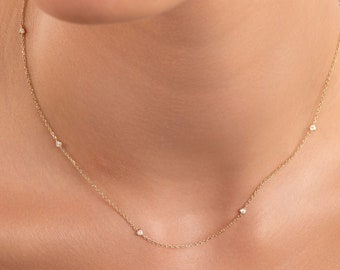 Collier en or 14 carats avec diamants, collier en or massif, collier de 14 carats de diamants par mètre, superposition de collier minimaliste, cadeau pour elle