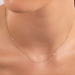 14k Gold Diamond Station Necklace, Solid Gold Station Necklace, 14k Diamond by the Yard Necklace, Layering Minimalist Necklace,Gift for her