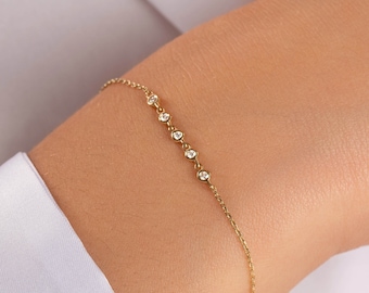 14k Diamond Station Bracelet for Women / 14k Real Gold Diamond Bezel Bracelet / Dainty Diamond Bracelet / 14k Solid Gold Bracelet for her