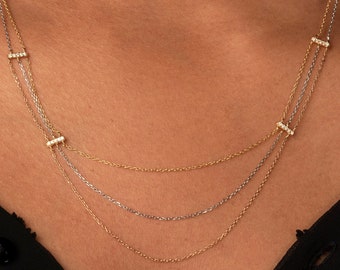 14K Gold Diamond Necklace Set / Gold Layered Cable Chain Set / Diamond Layering Necklace Layering Gold Chain Set / Unique Necklace Set