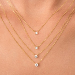 14K gouden diamanten halsketting, bijgevoegde diamant aan ketting, Diamond Solitaire ketting, bruidsmeisje ketting, diamanten halsketting, cadeau voor haar afbeelding 2