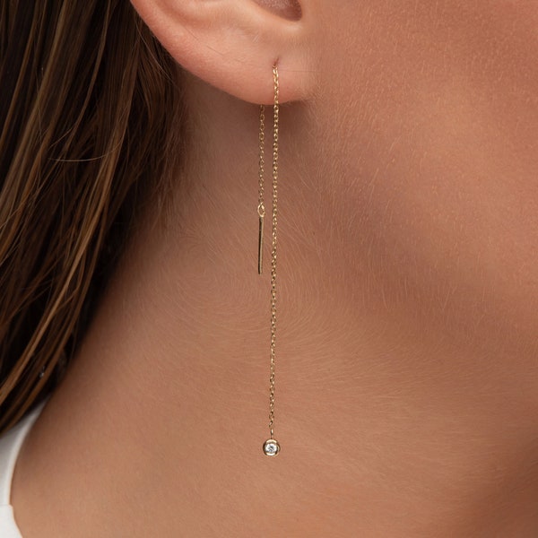 Boucles d'oreilles à enfiler longues en or massif 14 carats - Boucles d'oreilles à enfiler diamant - Boucle d'oreille à enfiler longue chaîne - Enfileur diamant délicat - Cadeau pour elle