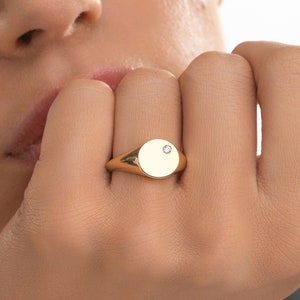Diamond Signet Ring | 14k Solid Gold Signet Ring | Thick Diamond Statement Ring | Pinky Stackable Ring for Women | Mothers Day Gift