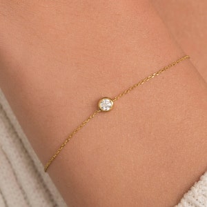 Dainty Diamond Bracelet / Solitaire Solid Gold Diamond Bracelet / Diamond Bezel Bracelet / Dainty 14k Gold Bracelet / Bridesmaid Gift image 2