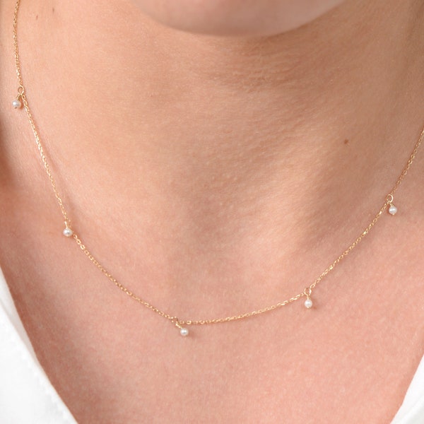 Tiny Hanging Pearls Necklace / Dainty Pearl Solid Gold Necklace / Minimalist 14k Solid Gold Necklace / Unique Gift for Her  for her