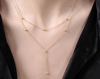 14k Solid Gold Chain Necklace / Solid Gold Satellite Necklace / Lariat Necklace / Gold Necklace with Gold Beads / Statement necklace