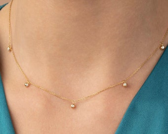 Station Diamond Necklace / 14k Gold Two-Sided Diamond Necklace / Diamond Station Necklace / Dainty Diamond Necklace / Gift for Her