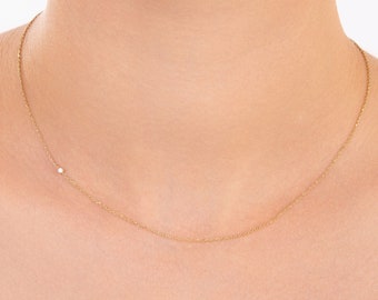 Tiny Diamond Necklace, Dainty Diamond Choker Necklace, 14k Solid Gold Diamond Necklace, Dainty Diamond Choker, Gift for Her