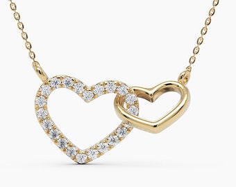 Interlocking Diamond Heart Necklace / Intertwined 14k Solid Gold Diamond Necklace / Two Heart Necklaces Meaningful Necklace / Gift for her