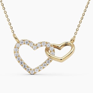 Interlocking Diamond Heart Necklace / Intertwined 14k Solid Gold Diamond Necklace / Two Heart Necklaces Meaningful Necklace / Gift for her image 1