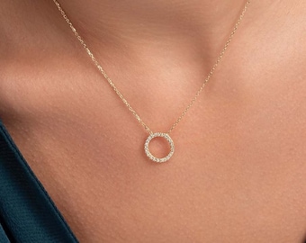 14k Solid Gold Diamond Circle Necklace: Karma Pendant