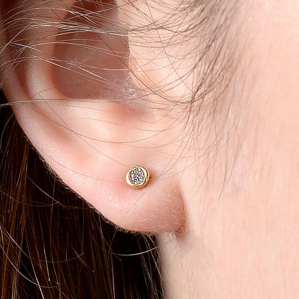 14k Gold Diamond Stud Earrings: Bezel Set, Genuine Diamond