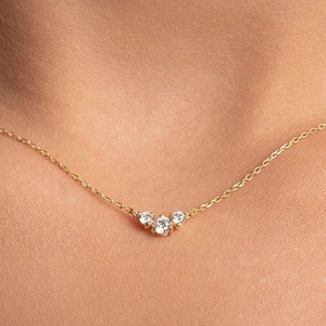 Diamond Necklace \ 14k Gold Trio Three Diamond Necklace 0.16ct \ Dainty Diamond Necklace \ Delicate Necklace for Women \  Gift for Her