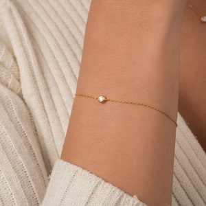 Dainty Diamond Bracelet / Solitaire Solid Gold Diamond Bracelet / Diamond Bezel Bracelet / Dainty 14k Gold Bracelet / Bridesmaid Gift image 4