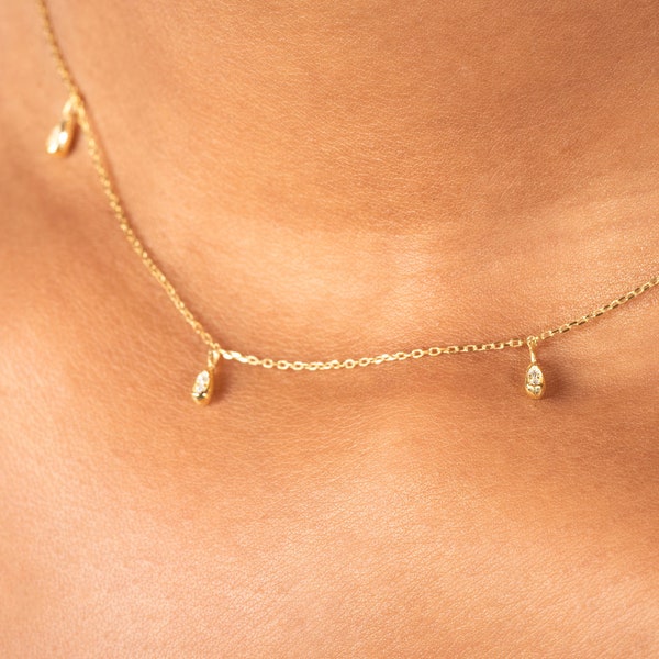 Solid 14K Gold Diamond Droplet Station Necklace, Satellite Necklace Choker, Dainty Gold Layering Necklace, White Gold Minimalist Necklace