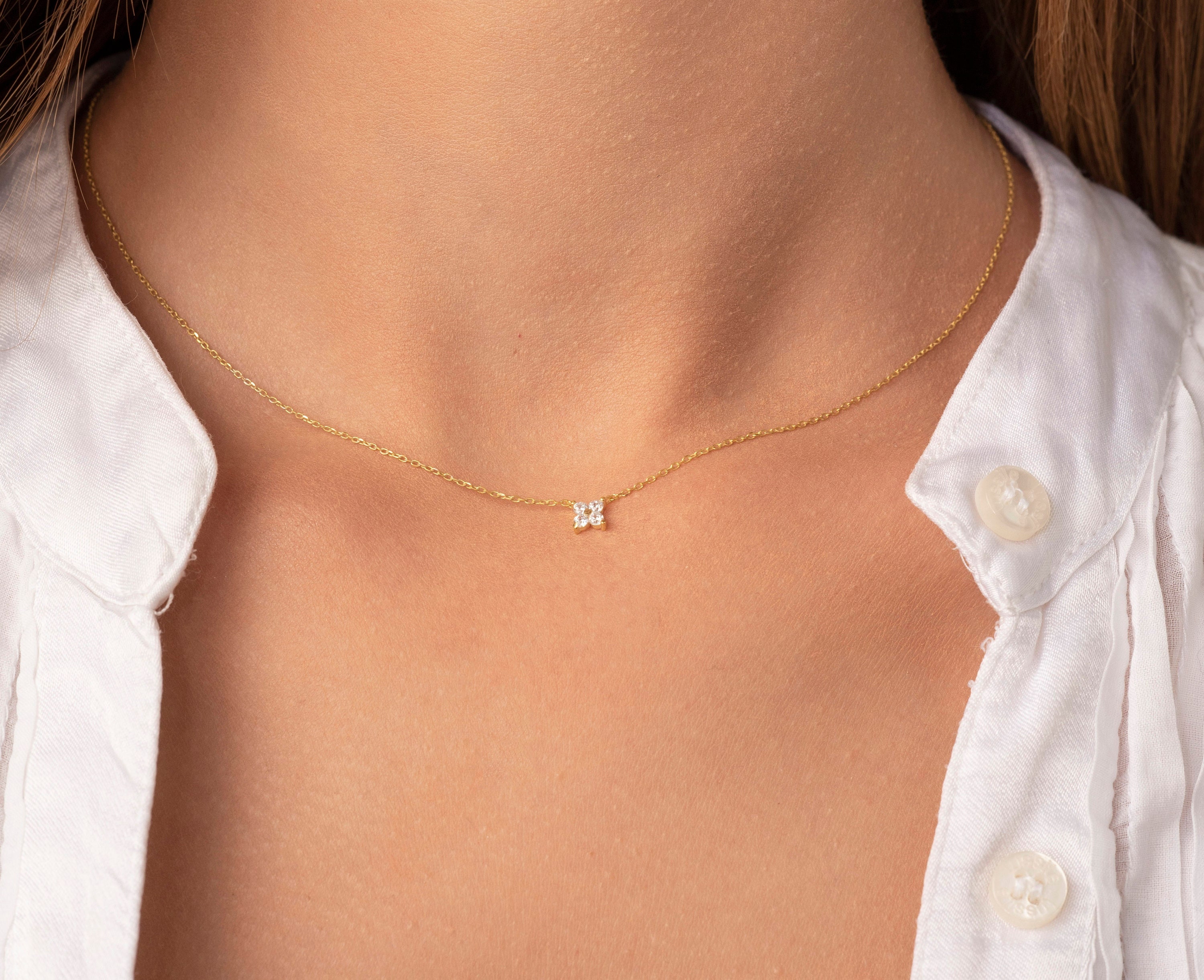 Diamond Flower Necklace Tiny Diamond Flower Dainty Diamond - Etsy