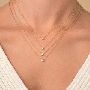 14K gouden diamanten halsketting, bijgevoegde diamant aan ketting, Diamond Solitaire ketting, bruidsmeisje ketting, diamanten halsketting, cadeau voor haar afbeelding 3