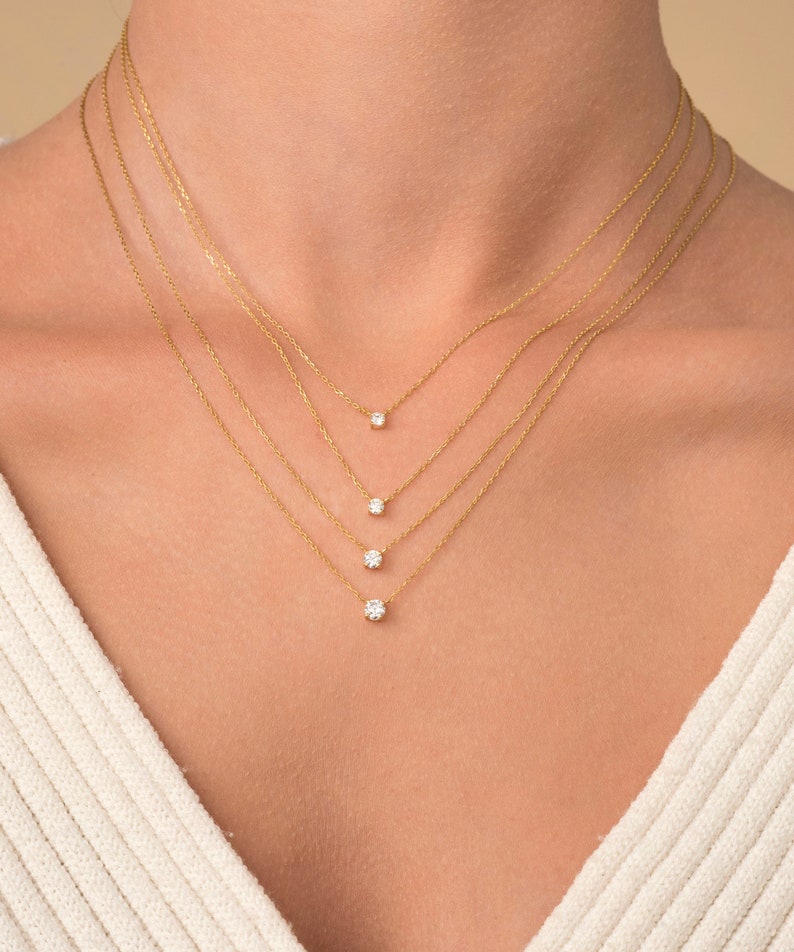 14K gouden diamanten halsketting, bijgevoegde diamant aan ketting, Diamond Solitaire ketting, bruidsmeisje ketting, diamanten halsketting, cadeau voor haar afbeelding 3