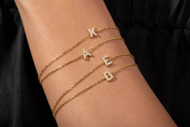 14K Gold Initial Bracelet / Solid Gold Bracelet with Diamonds / Initial Bracelet / Name Bracelet / Letter Bracelet / Gift for Her image 8