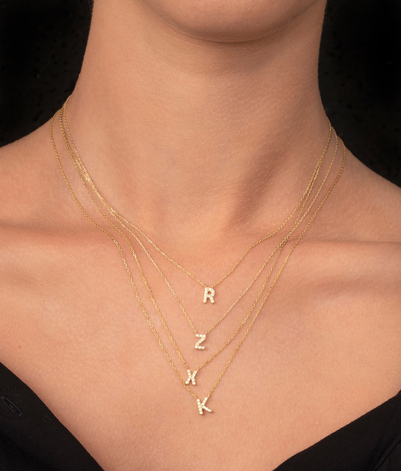 14K Solid Gold Diamond Initial Necklace / Diamond Letter Necklace / Dainty Initial Diamond Necklace / Name Monogram Necklace image 6