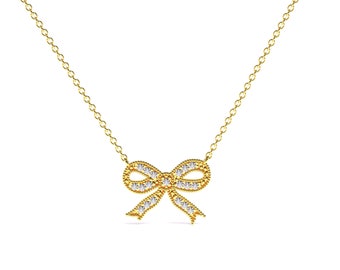 14K Solid Gold Bow Necklace / Dainty Bow/ Bow Necklace with Genuine Natural Diamonds/ Gift for Mom / Gift for Her