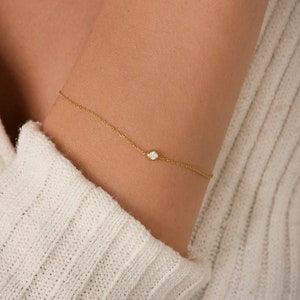 Dainty Diamond Bracelet / Solitaire Solid Gold Diamond Bracelet / Diamond Bezel Bracelet / Dainty 14k Gold Bracelet / Bridesmaid Gift image 5