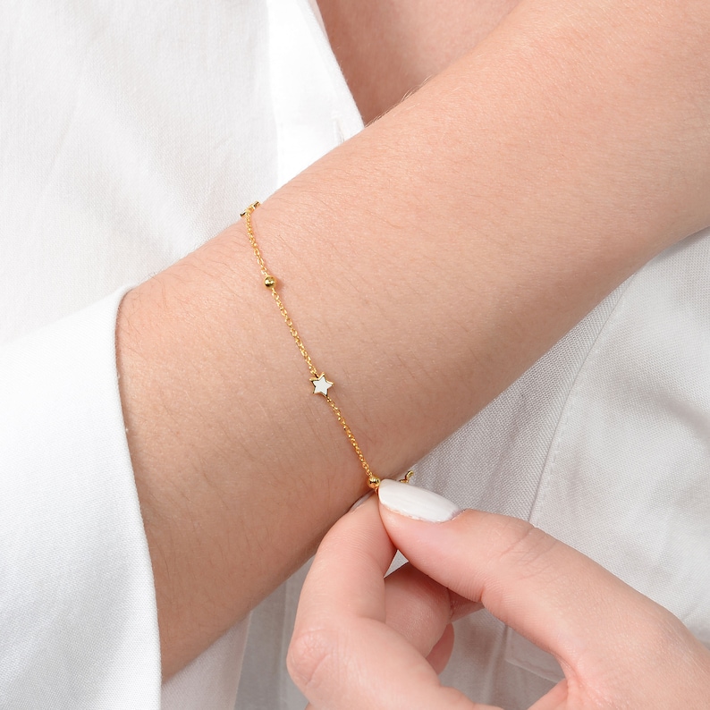 Gold Star Bracelet / 14K Gold Star Bracelet / Dainty Celestial Chain Bracelet / Double Side Star Enamel/Diamonds Bracelet / Bracelet for Mom image 3