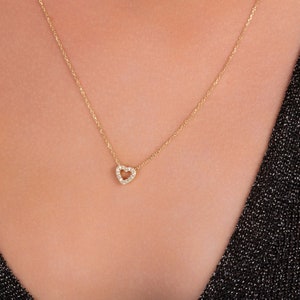 14K Solid Gold Diamond Heart Necklace, Dainty Diamond Heart Necklace, Floating Diamond Open Heart Necklace, Gift for her