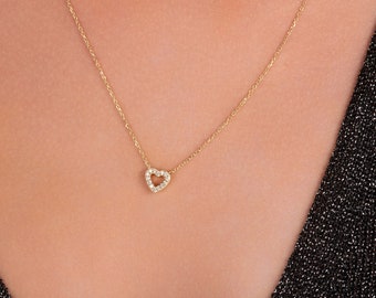 14K Solid Gold Diamond Heart Necklace, Dainty Diamond Heart Necklace, Floating Diamond Open Heart Necklace, Gift for her