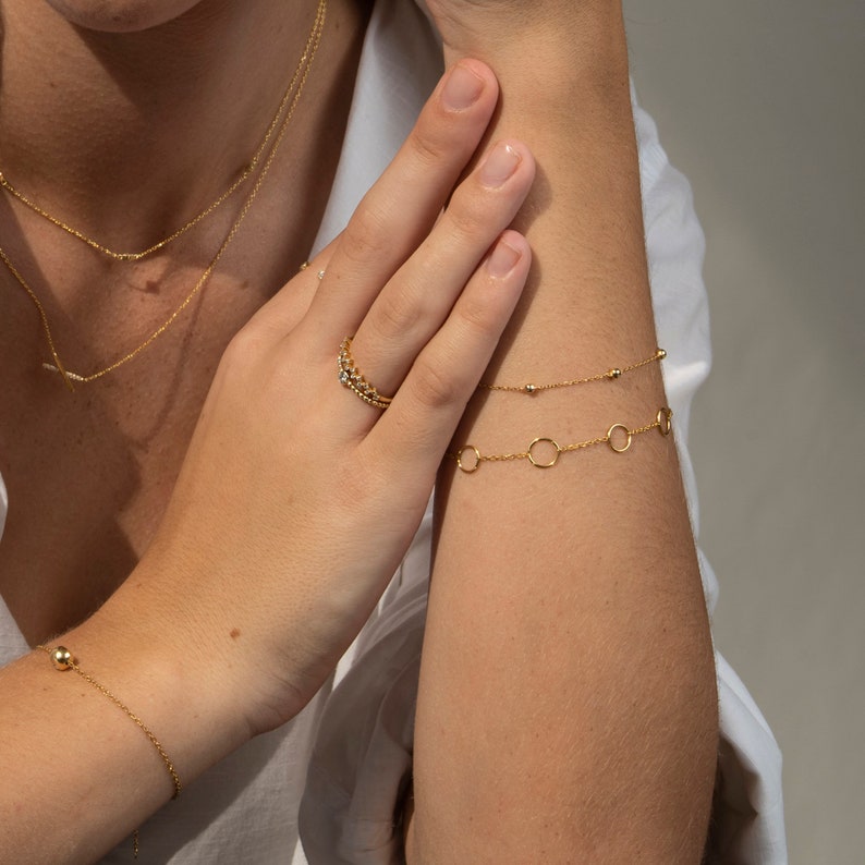 14k Solid Gold Circles Bracelet for Women Link Circles Bracelets Rings Circles Dainty 14k Solid Gold Bracelet Gift for Her image 3