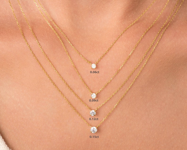 Collar de diamantes/ Collar de solitario de diamantes/ Collar de diamantes delicado/ Collar de conjunto de puntas de diamantes solitario de oro de 14 k/ Collar de solitario imagen 3