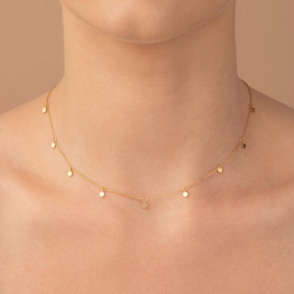 Collier de chaîne à points / Collier de petits disques en or massif 14 carats / Superposition délicate réglable / Collier d’empilage / Collier de station / Cadeau pour elle