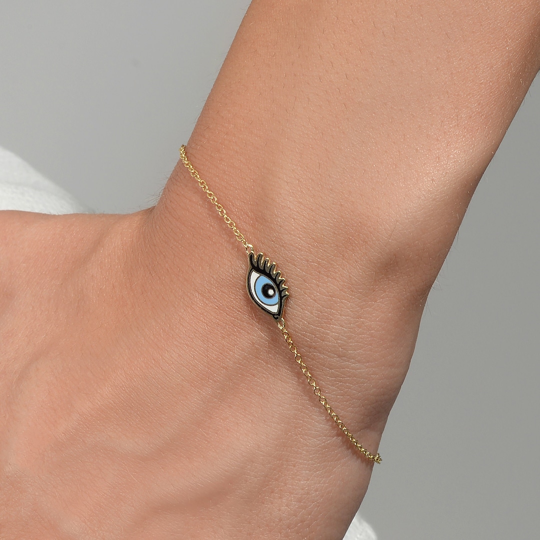Greek Evil Eye Bracelet Solid Gold Enamel Evil Eye 14k Solid Gold