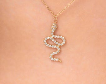 14k Solid Gold Diamond Snake Necklace: Dainty Serpent Pendant