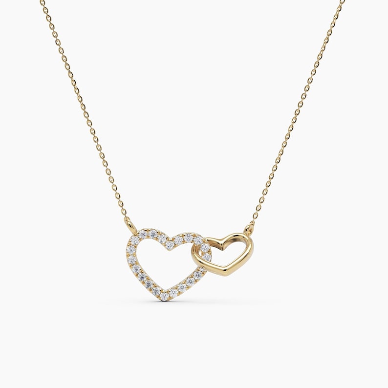 Interlocking Diamond Heart Necklace / Intertwined 14k Solid Gold Diamond Necklace / Two Heart Necklaces Meaningful Necklace / Gift for her image 1