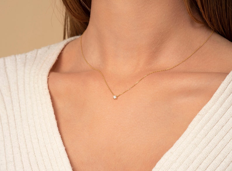 14K gouden diamanten halsketting, bijgevoegde diamant aan ketting, Diamond Solitaire ketting, bruidsmeisje ketting, diamanten halsketting, cadeau voor haar afbeelding 5