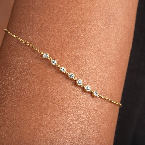 14k Solid Gold Diamond Station Bracelet - Dainty Bezel Set