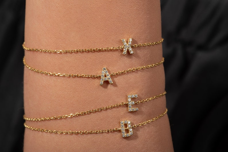 14K Gold Initial Bracelet / Solid Gold Bracelet with Diamonds / Initial Bracelet / Name Bracelet / Letter Bracelet / Gift for Her image 6