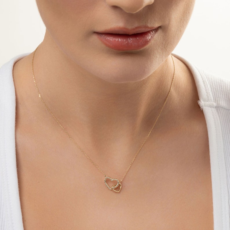 Interlocking Diamond Heart Necklace / Intertwined 14k Solid Gold Diamond Necklace / Two Heart Necklaces Meaningful Necklace / Gift for her image 4